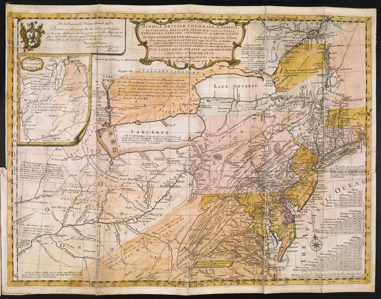 Amerika középső brit gyarmatainak általános térképe; azaz Virginia, Mariland, Delaware, Pensilvania, New-Jersey, New-York, Connecticut és Rhode Island: Aquanishuonîgy, a Konföderációs indiánok országa. . . Az Erie, Ontario és Ch alkotó: English School