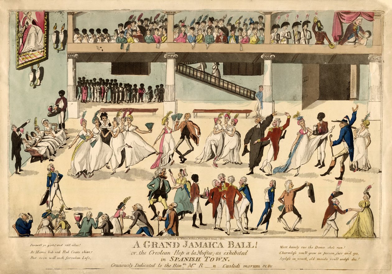 Grand Jamaica Ball vagy a Creole Hop a la Muftee a Spanish Townban, kocsmában. 1802 (kézzel színezett metszet) alkotó: English School