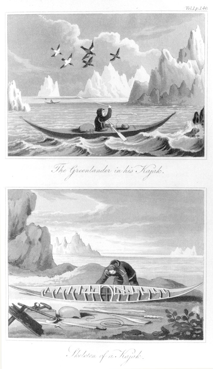 Egy grönlandi és kajakja, David Crantz Grönland története című művéből, 1820 alkotó: English School