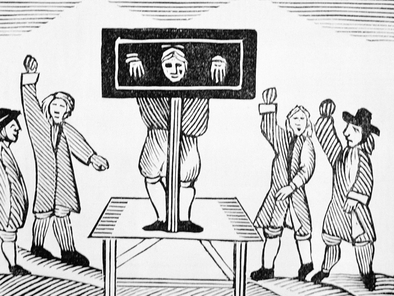 Bűnös ember a faluban Pillory, egy 16. századi illusztráció másolata, ezoterikus chapbook-gyűjteményből alkotó: English School