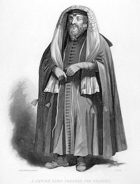 Egy zsidó rabbi imához öltözik, R. Young metszete, az A. Fullarton & Co. által kiadott 