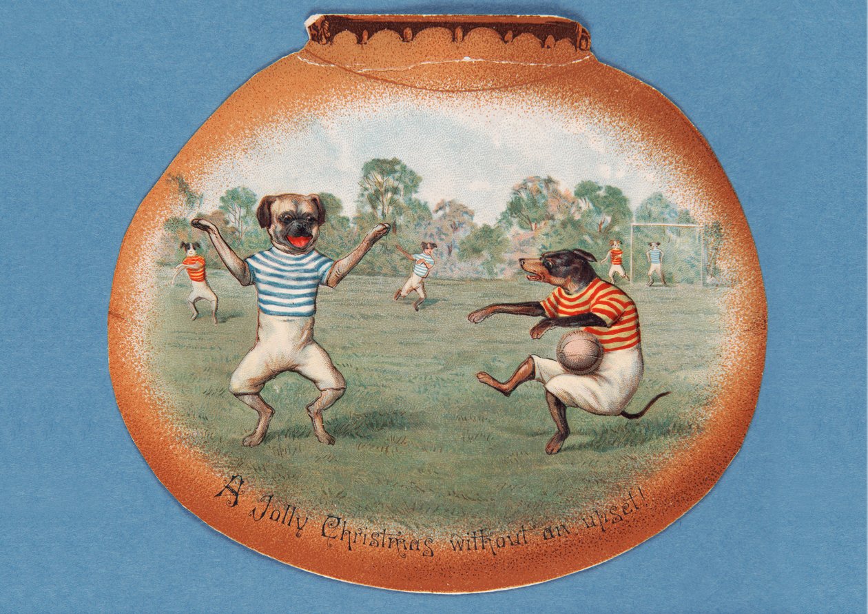 Vidám karácsony felfordulás nélkül!, karácsonyi üdvözlőlap, amely kutyák közötti focimeccset ábrázol, 1890-es évek alkotó: English School