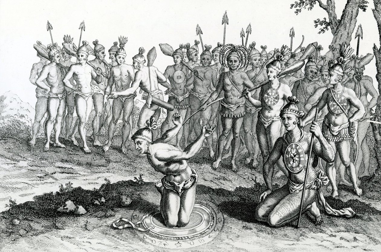 Egy floridai király tanácsot adott a bűvészével, mielőtt csatába indult, illusztrációja a Moores Voyages and Travelsből, 1778 alkotó: English School