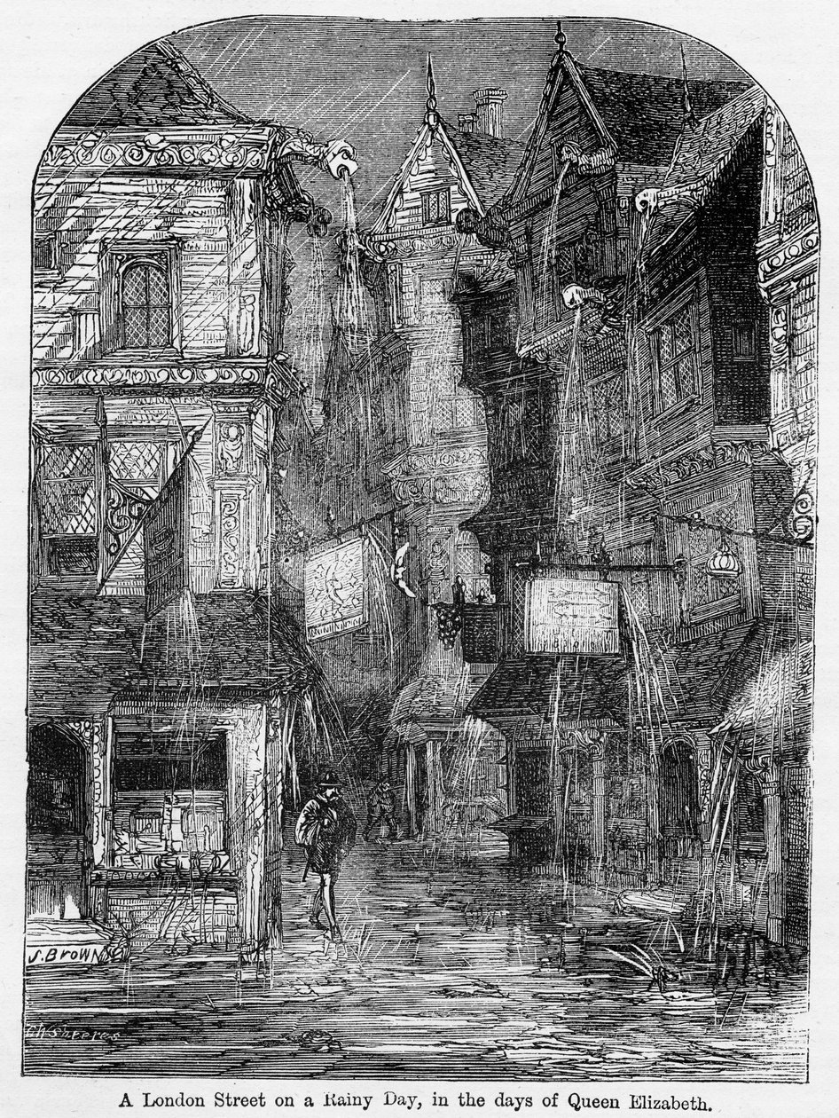 Egy londoni utca egy esős napon, Erzsébet királynő idejében, illusztráció John Cassell „Cassell illusztrált angol története” című művéből, 1857-ben. alkotó: English School
