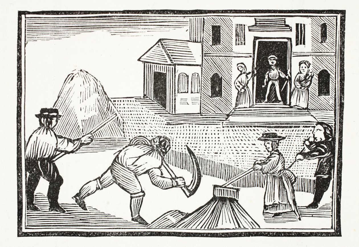 Kaszával füvet nyíró ember, aki mindent megtett maga előtt, illusztráció a Chap-books of the Eighteenth Century-ből, John Ashton, pub. 1882 alkotó: English School