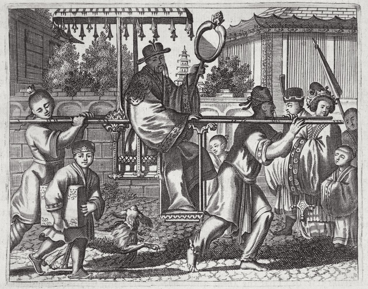 Egy mandarin szedánszékben, illusztráció a kínai nagykövetségek leírásából, 1690 alkotó: English School