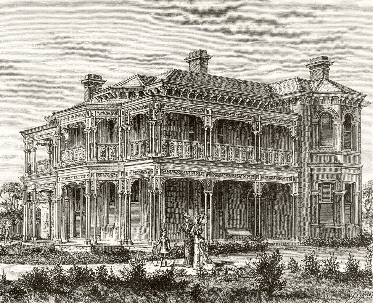 Melbourne külvárosi háza, 1880 körül, Howard Willoughby „Australian Pictures” című művéből, a Religious Tract Society, London, 1886. alkotó: English School