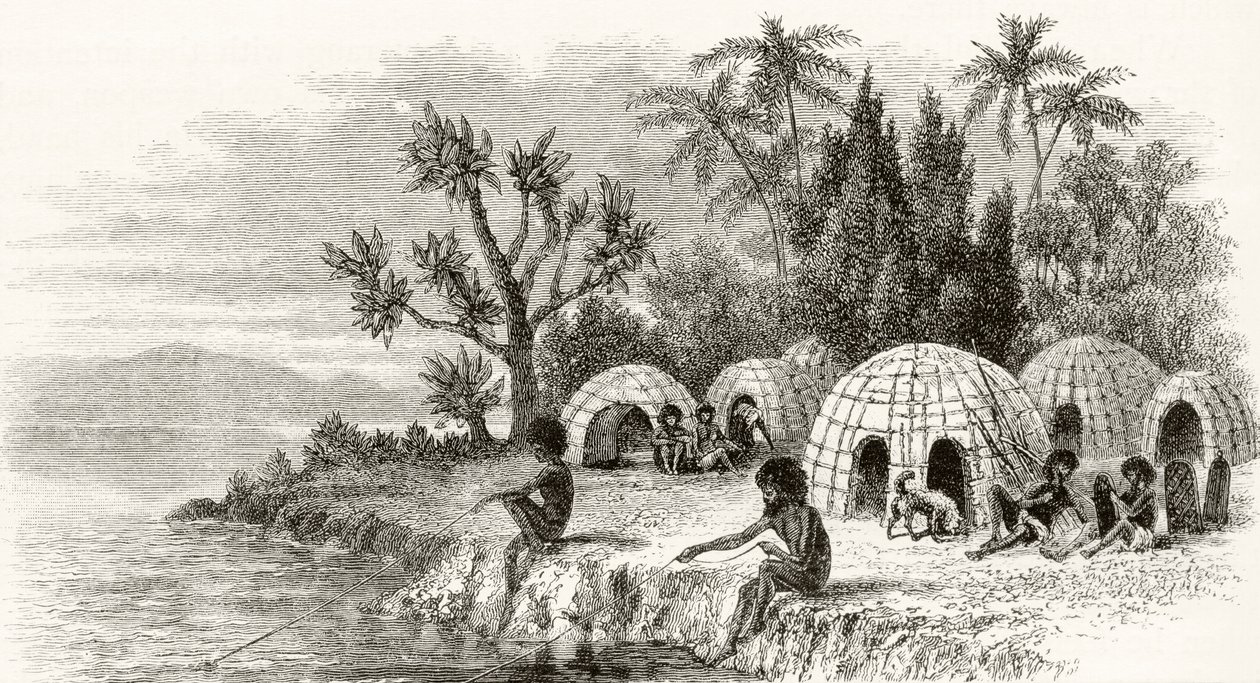 Egy bennszülött tábor Queenslandben, 1880 körül, Howard Willoughby „Australian Pictures” című művéből, a Religious Tract Society, London, 1886 alkotó: English School