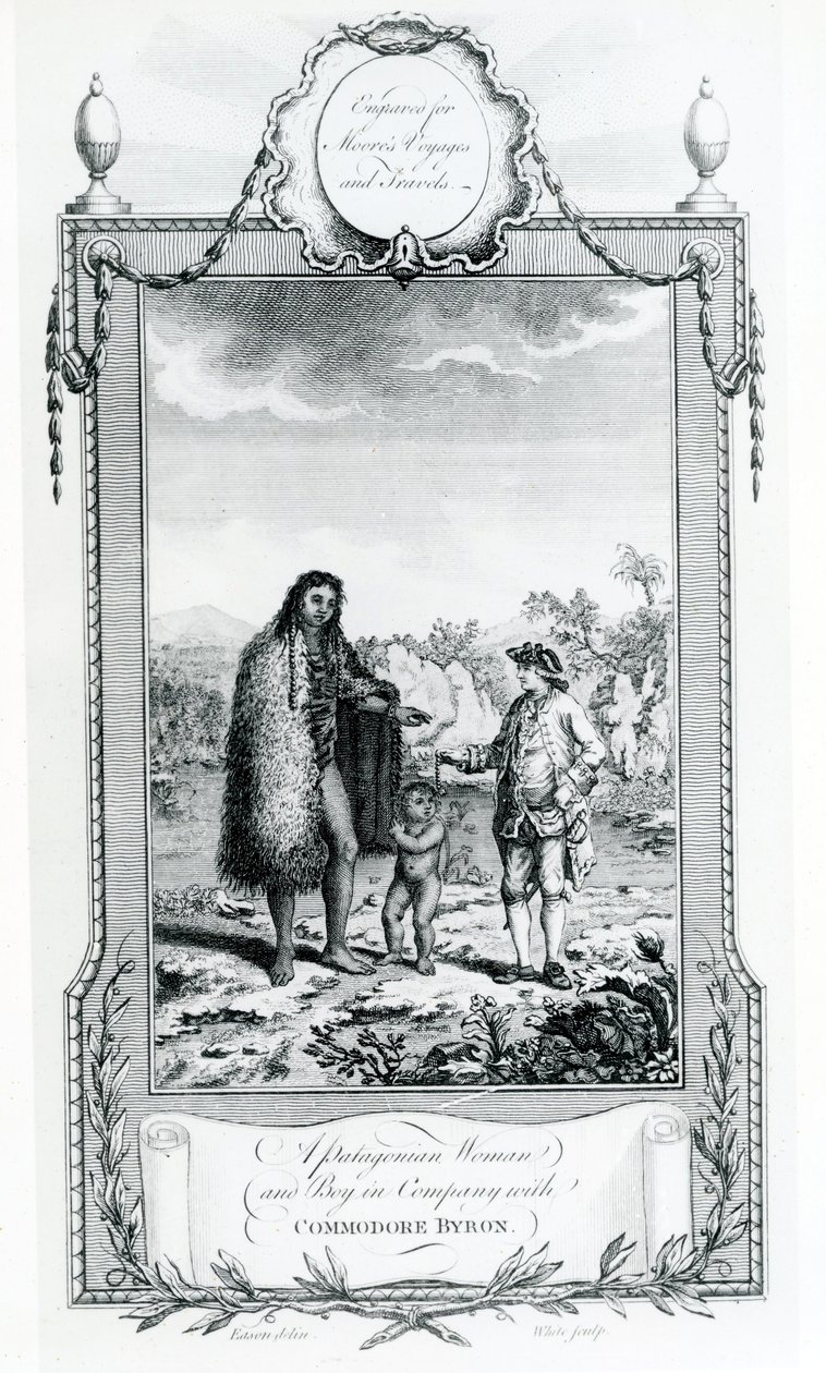 Egy patagóniai nő és fiú Commodore Byron társaságában, az illusztráció a Moores Voyages and Travelsből, 1778 alkotó: English School