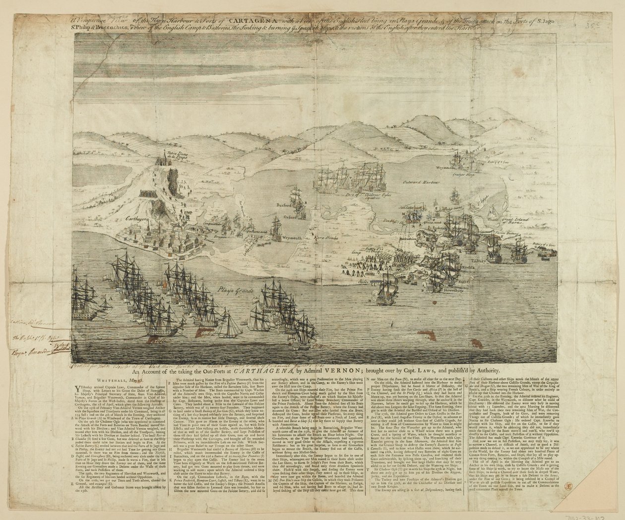 Karthágó városának, kikötőjének és erődjének perspektivikus tervezete 1739-ben, 1741-ben megjelent (vonalmetszet) alkotó: English School