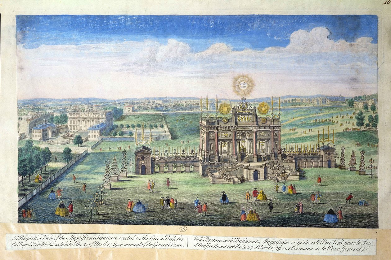 Perspektivikus nézet a Zöld Parkban a Királyi Tűzijátékhoz épített csodálatos építményről, 1749 alkotó: English School