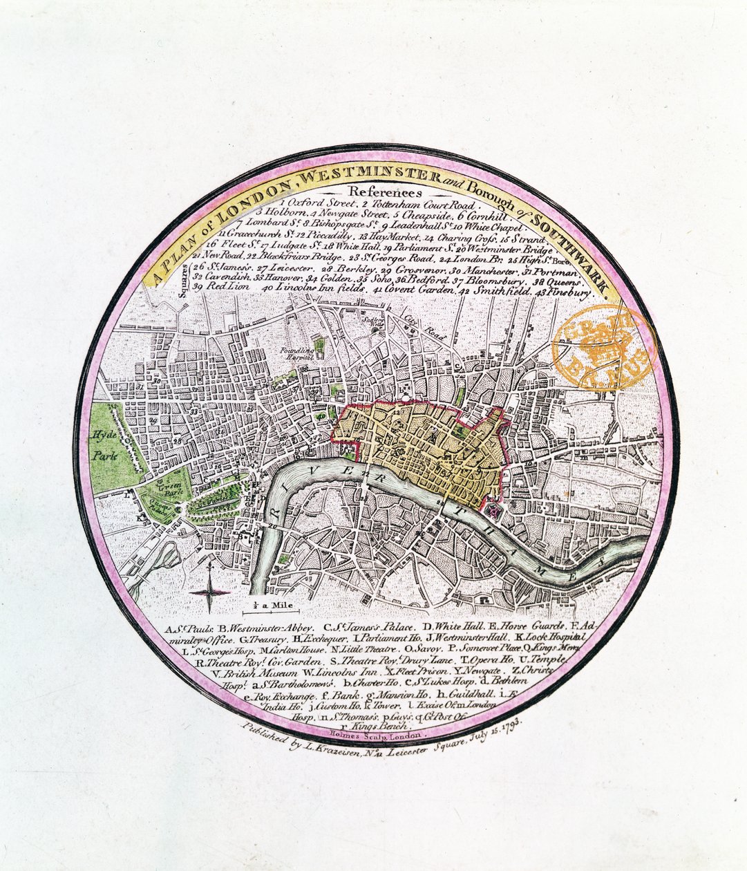 London, Westminster és Southwark város terve, 1793 (kézzel színezett metszet) alkotó: English School