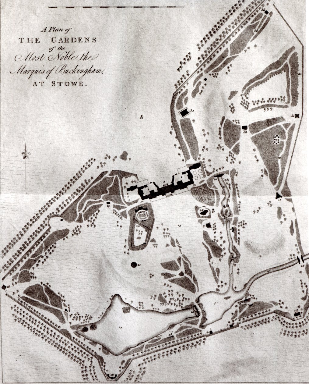 A Stowe-i Buckingham legnemesebb márki kertjeinek terve, az 1797-ben kiadott Visitors Guide Bookból (Charles Bridgeman korábbi tervét lásd a 140582-ben) alkotó: English School