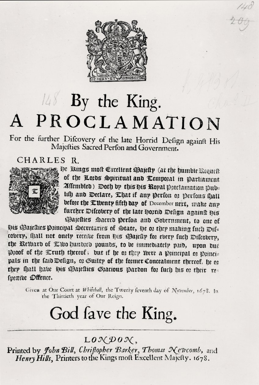 A király nyilatkozata az Őfelségei szent személye és kormánya elleni késői szörnyű terv további felfedezéséről, 1678. november 27. alkotó: English School