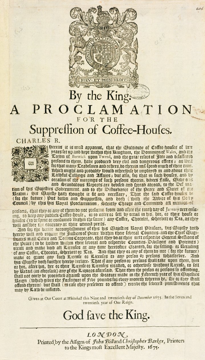 A király kiáltványa a kávéházak elnyomásáról, 1675 alkotó: English School