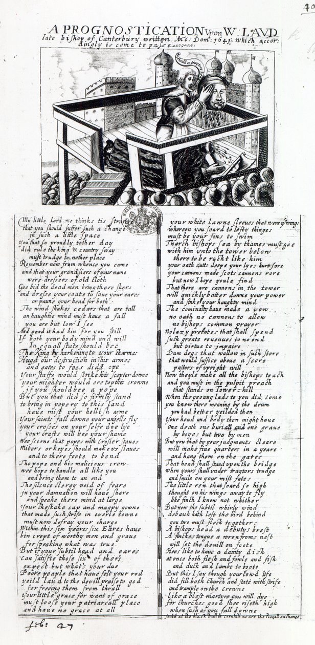 „A Prognostication on W. Laud, néhai canterburyi püspök, 1641-ben írt, ami ennek megfelelően be is következett”, 1645-ben megjelent polgárháborús traktátus alkotó: English School