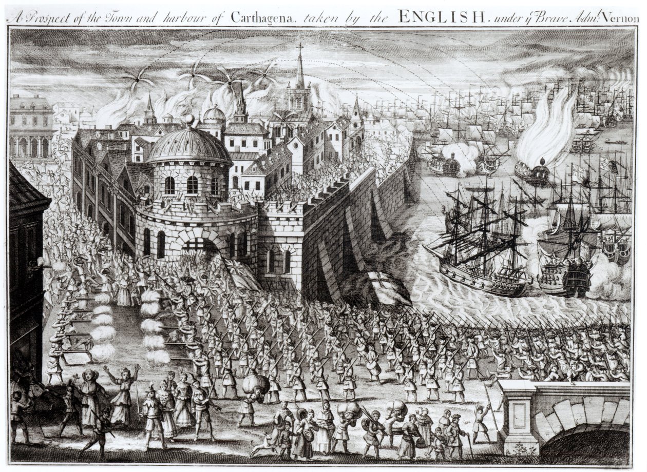 Karthágó városának és kikötőjének kilátása, az angolok a bátor Vernon admirális alatt, 1741 alkotó: English School