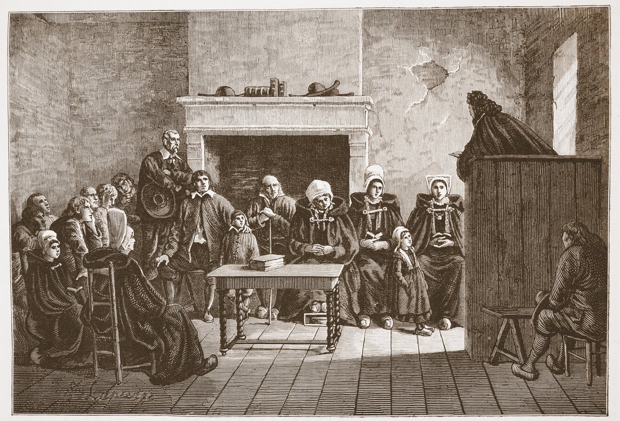 Egy protestáns lelkész beszédet mond a hugenották titkos gyűléséhez, illusztráció: James Aitken Wylie (1808-1890) A protestantizmus története című könyvéből, pub. 1878 alkotó: English School