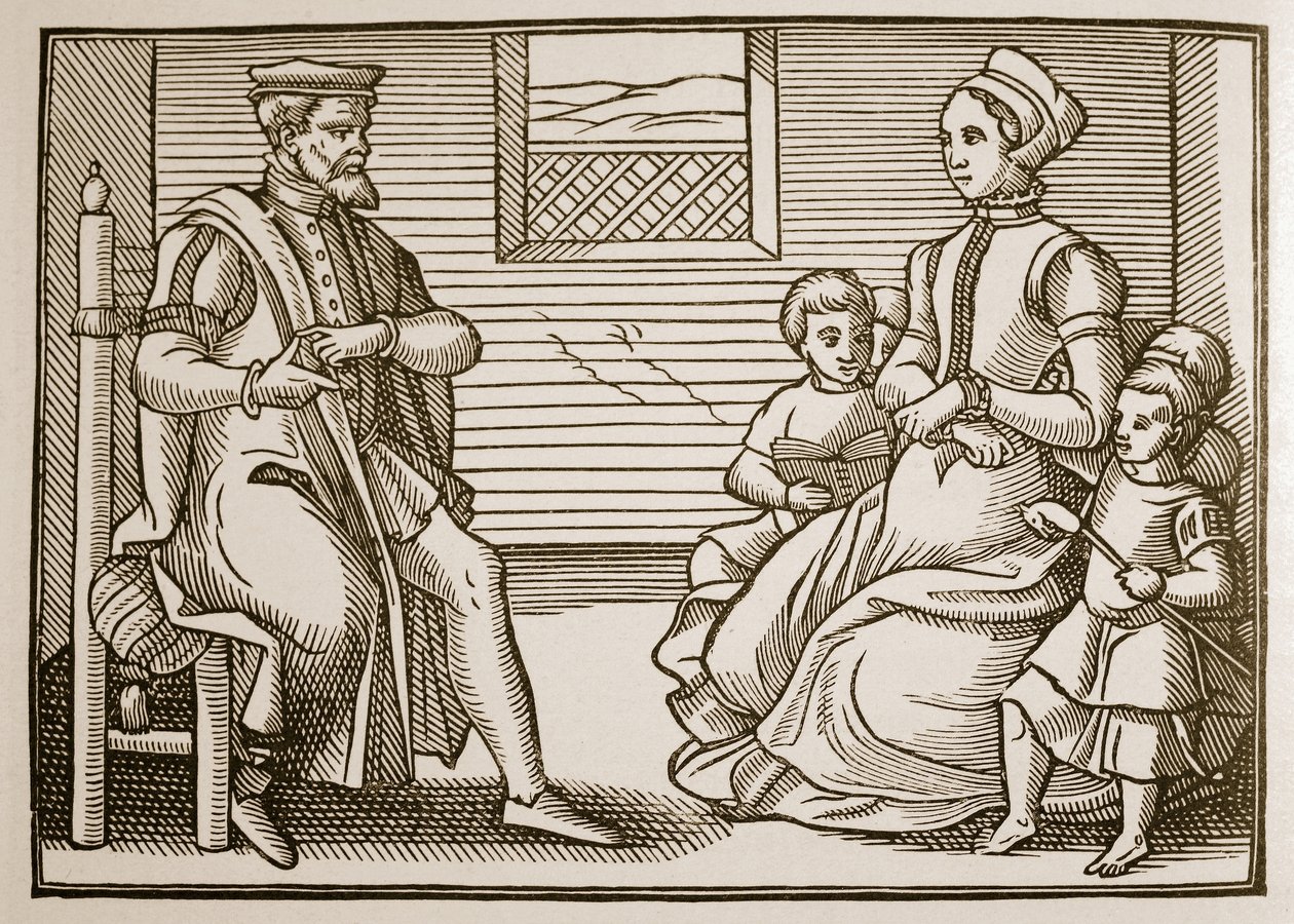 Egy puritán család az egész zsoltárok négy részében, 1563-ból (szépia fotó) alkotó: English School
