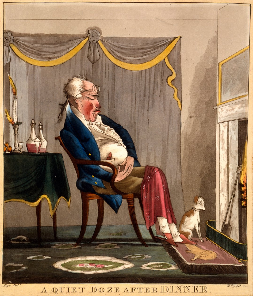 Csendes szunyókálás vacsora után, H. Pyall nyomata, 1827-33 körül (kézzel színezett metszet) alkotó: English School