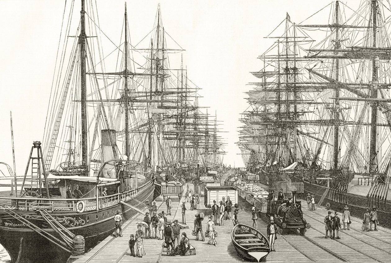 Vasúti móló Melbourne-ben, Howard Willoughby „Australian Pictures” című művéből, a Religious Tract Society, London, 1886 alkotó: English School