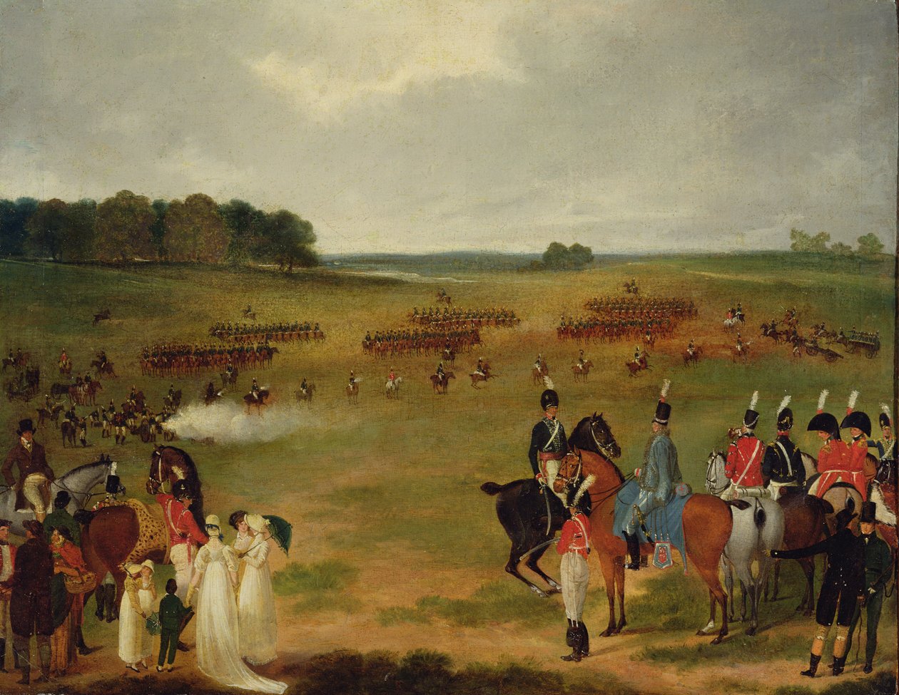 A londoni önkéntes lovasság és repülőtüzérség áttekintése a Hyde Parkban 1804-ben, 1804 körül (az olaj a fedélzeten a táblán látható) alkotó: English School