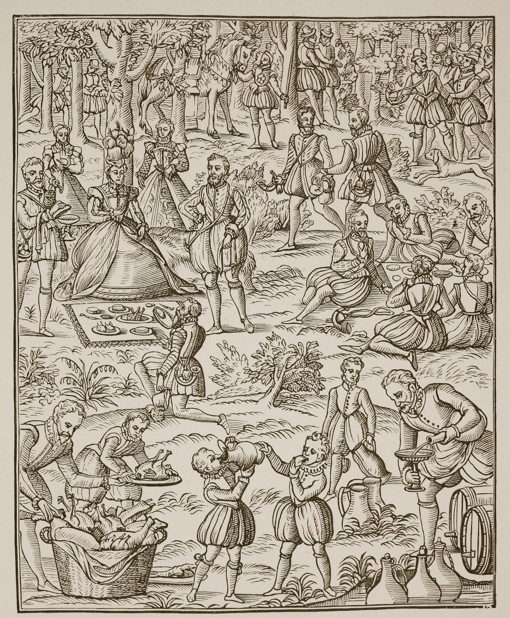 Királyi piknik, tányér a Noble Art of Venerie and Hunting-ból, George Turberville, 1575 (szépia fotó) alkotó: English School