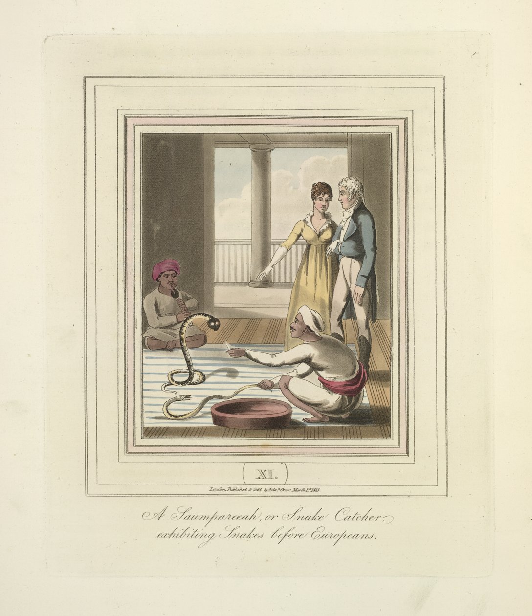 Saumpareeah vagy Kígyófogó, aki kígyókat mutat be az európaiak előtt, 1824 körül (színes litó) alkotó: English School