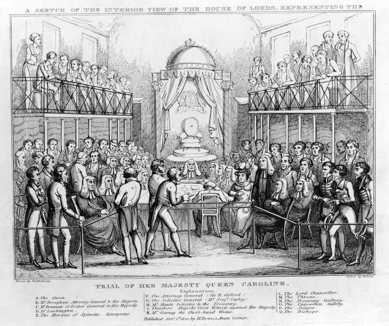 Vázlat a Lordok Házának belső nézetéről, amely Őfelsége Caroline királyné perét ábrázolja, kocsma. 1820 (fekete-fehér metszet) alkotó: English School