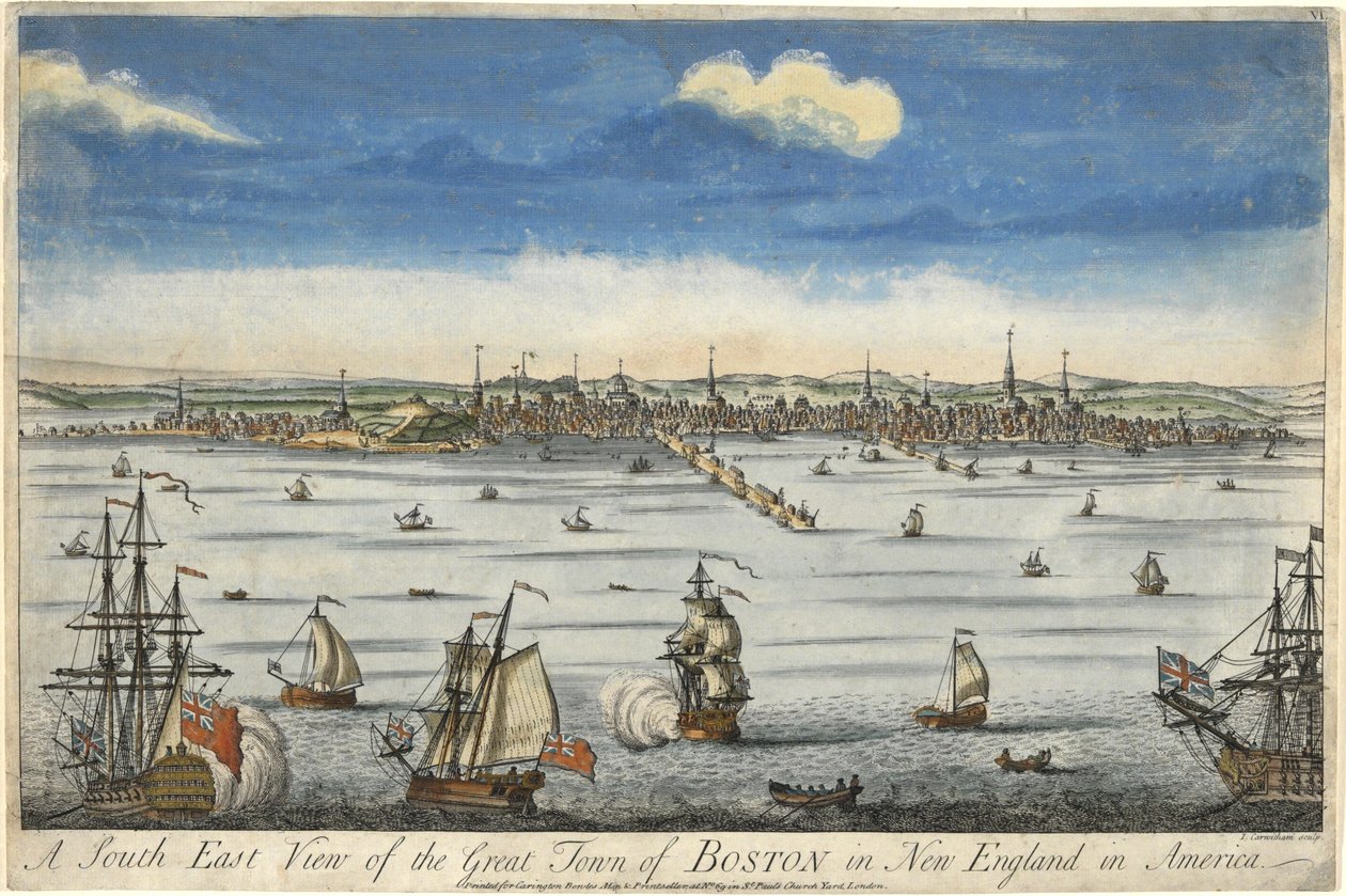 Boston nagyvárosának délkeleti képe New Englandben…, c. 1730 (kézzel színezett metszet) alkotó: English School