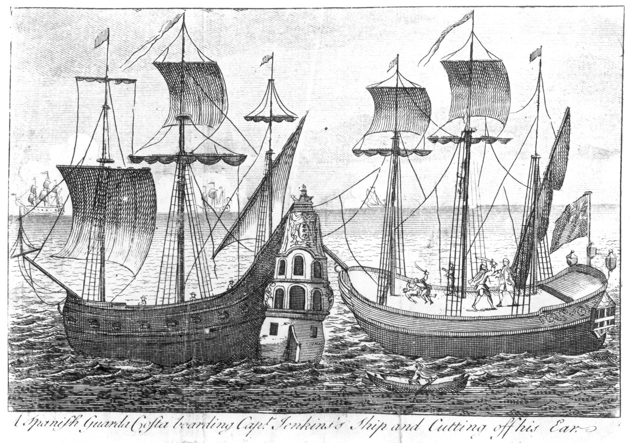Egy spanyol „Guarda Costa” (parti őrség) felszáll Jenkins kapitány hajójára, és levágja a fülét, 1731 alkotó: English School