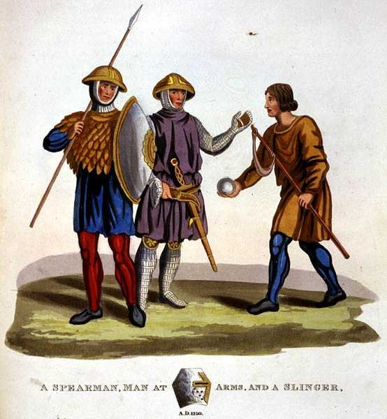 Egy lándzsás, fegyveres férfi és egy parittyás alkotó: English School