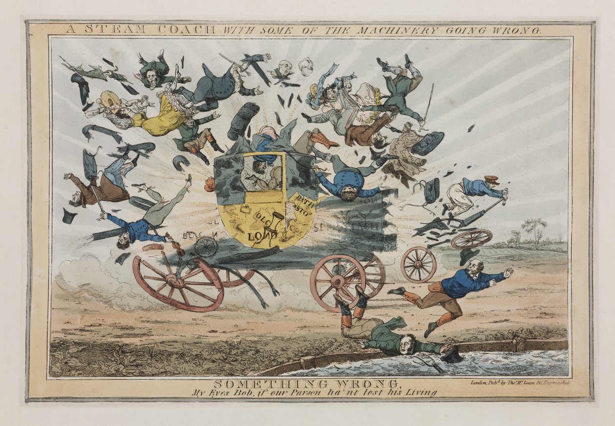 Egy gőzkocsi, akinek néhány gépe elromlik, 1825 körül alkotó: English School