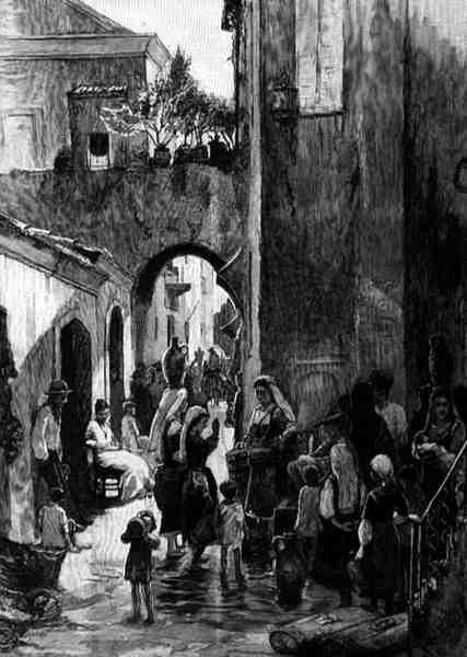 Egy utcai szökőkút, Catanzaro, Olaszország, a Cassell and Co. által kiadott "The Picturesque Mediterranean" 3. kötetéből. Ltd. alkotó: English School