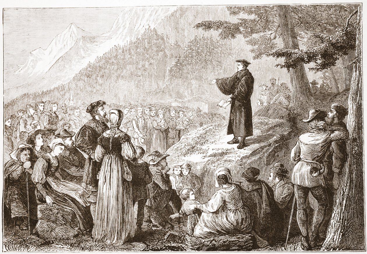 Egy svájci reformátor prédikál a nyájnak a nyílt terepen, illusztrációja James Aitken Wylie (1808-1890) A protestantizmus történetéből, pub. 1878 alkotó: English School