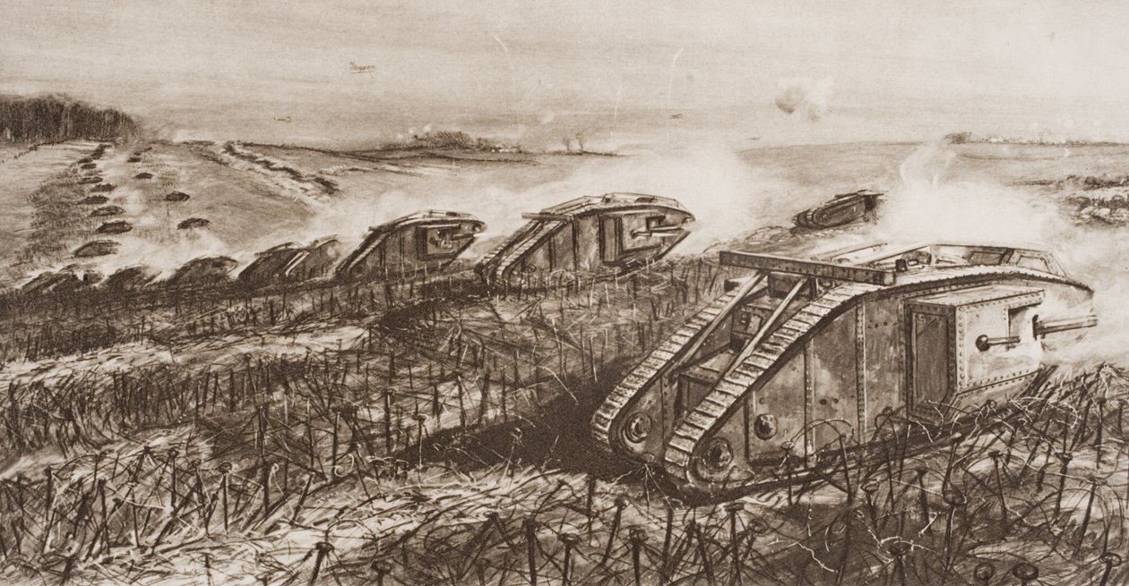 Tanktámadás a franciaországi Cambraiban, illusztráció H. G. Wells „A történelem körvonalai” című művéből, 1920-ban megjelent II. alkotó: English School