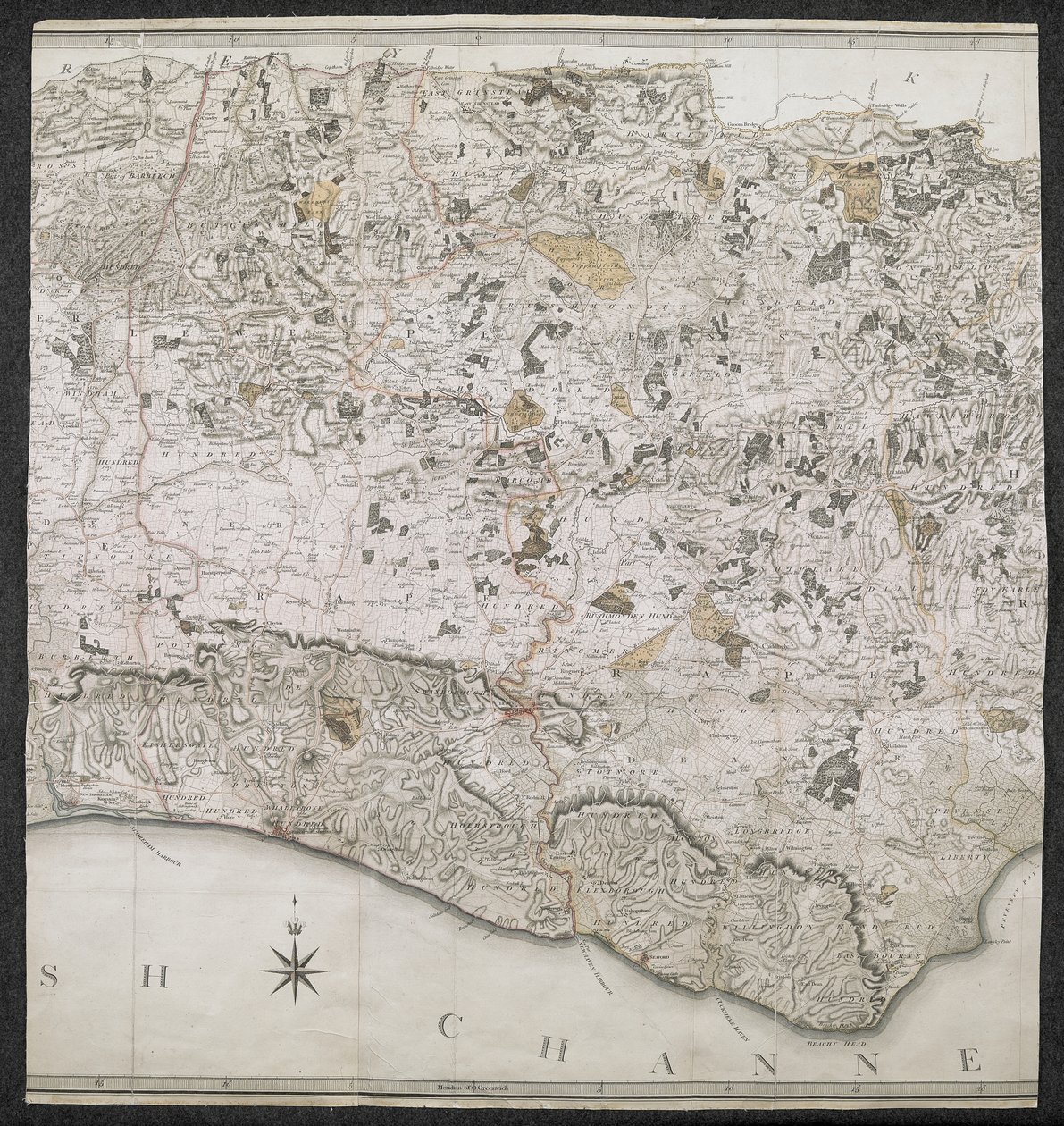 Sussex megye topográfiai térképe, rappe-re, deanries-re és százra osztva. A tényleges felméréstől egy hüvelyktől a törvényes mérföldig terjedő skálán tervezték alkotó: English School
