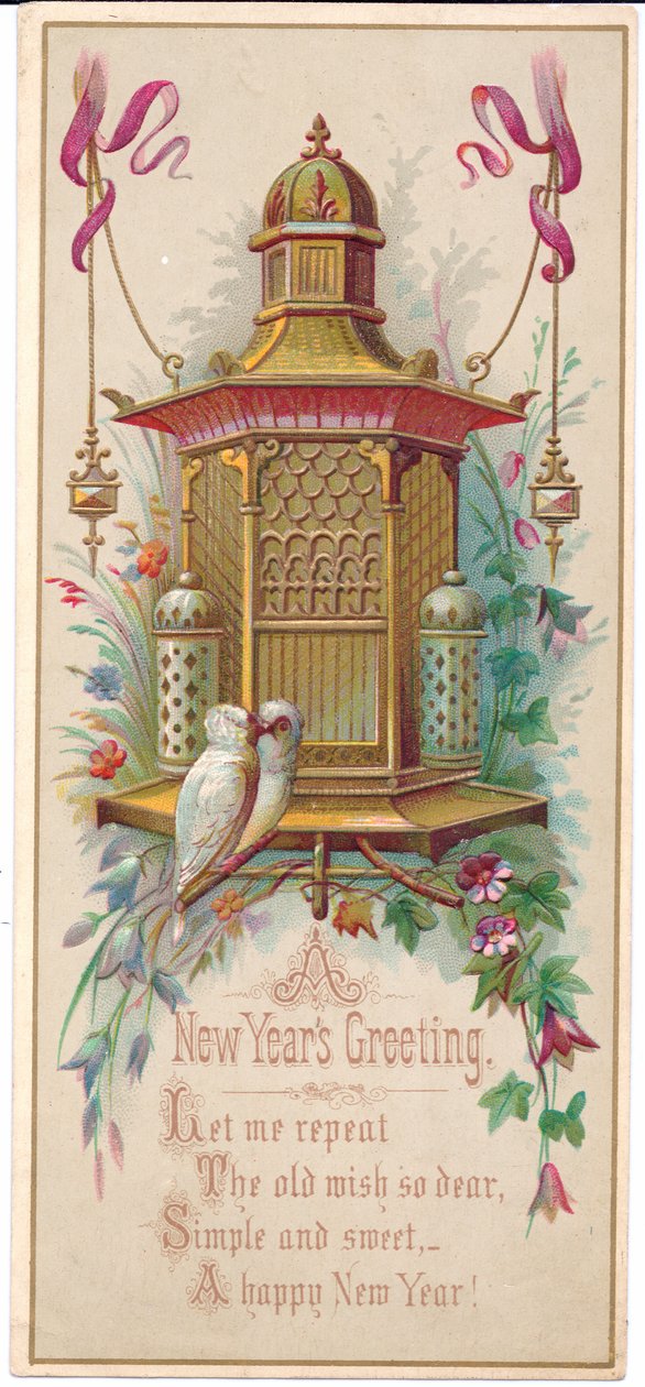 Egy viktoriánus karácsonyi kártya, amely egy kidolgozott madárkalitkát ábrázol egy pár szerelmesmadárral, 1880 körül alkotó: English School