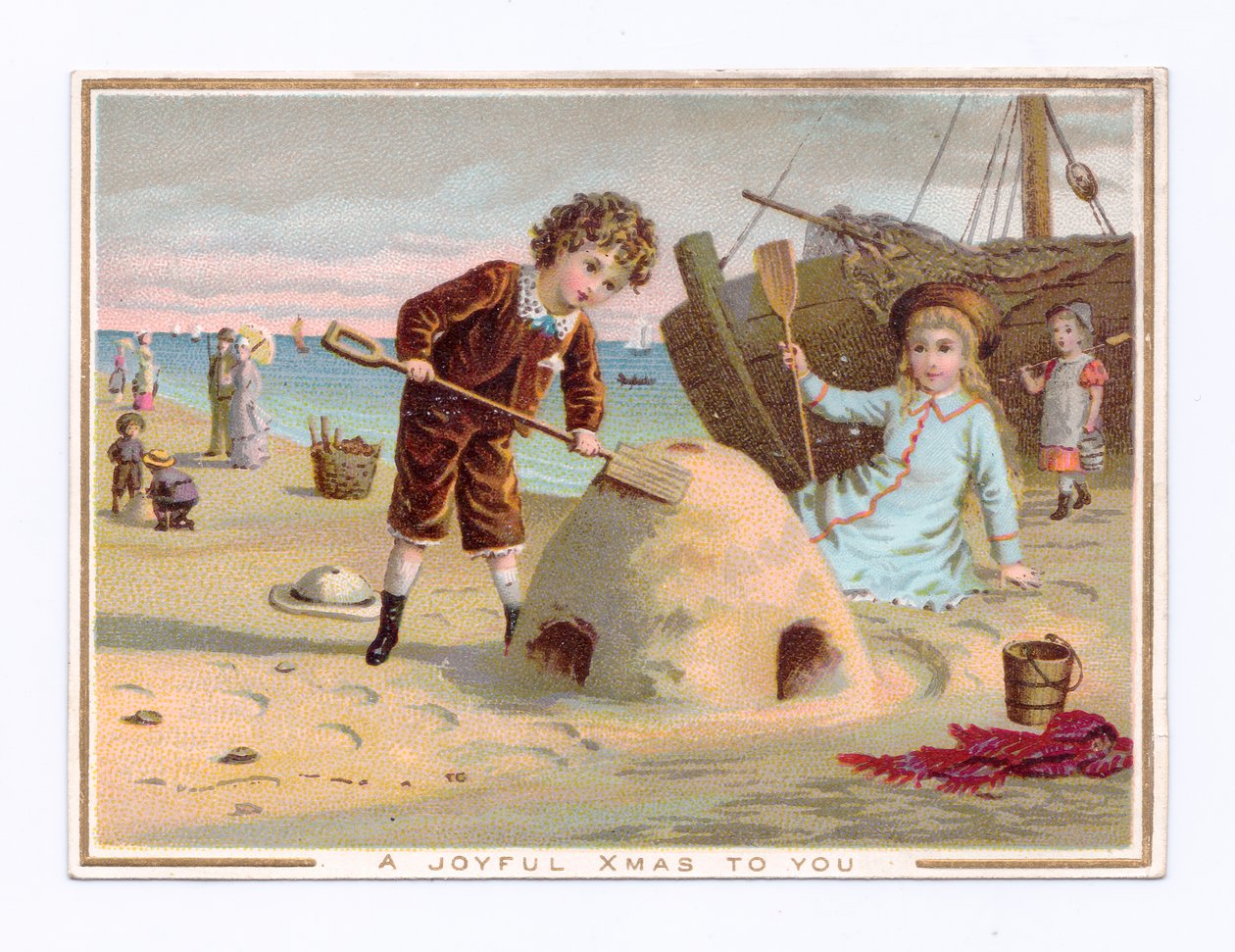 Viktoriánus karácsonyi üdvözlőlap egy fiúról, aki homokvárat épít a tengerparton, 1880 körül (színes litó) alkotó: English School