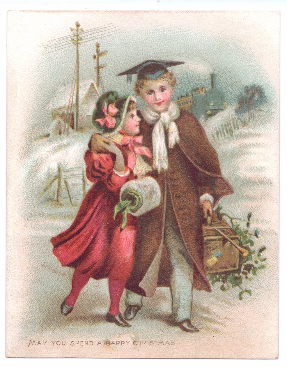 Viktoriánus karácsonyi üdvözlőlap egy habarcsot viselő fiúról, aki a hóban sétáló lányt öleli át, 1880 körül (színes litó) alkotó: English School