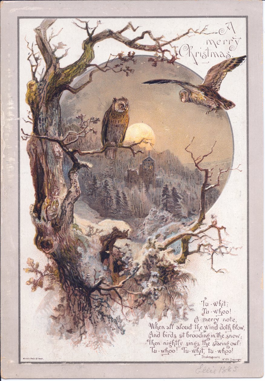 Viktoriánus karácsonyi üdvözlőlap egy ágon ágaskodó bagolyról egy holdfényes éjszakán, 1880 körül (színes litó) alkotó: English School