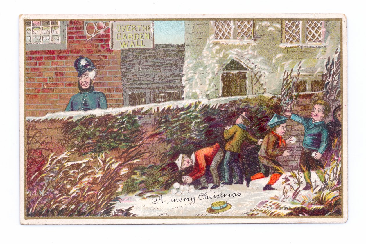 Viktoriánus karácsonyi üdvözlőlap téglafal mögött rejtőző fiúkkal, akik hógolyót dobnak egy rendőrre, 1880 körül (színes litó) alkotó: English School