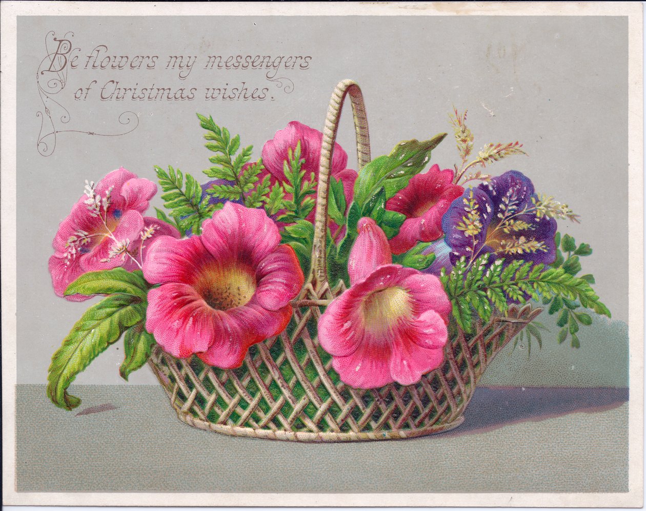 Viktoriánus karácsonyi képeslap virágokkal fonott kosárban, 1880 körül (színes litó) alkotó: English School