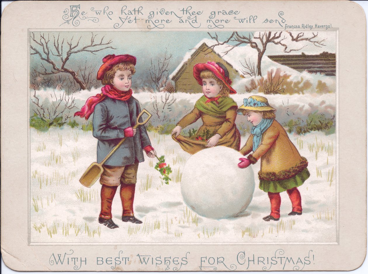 Viktoriánus karácsonyi képeslap három gyerekkel, akik egy nagy hógolyóval játszanak, 1880 körül (színes litográfia) alkotó: English School