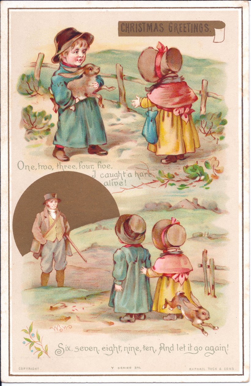 Egy viktoriánus karácsonyi üdvözlőlap két gyerek nyúllal, 1880 körül (színes litó) alkotó: English School