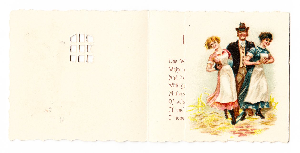 Egy úriember viktoriánus üdvözlőkártyája két szobalánnyal, 1880 körül alkotó: English School