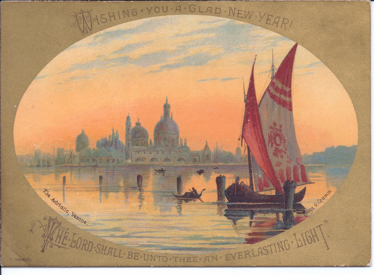 Viktoriánus újévi üdvözlőlap egy hajóval és gondolákkal az Adrián, Velence, 1880 körül (színes litográfia) alkotó: English School