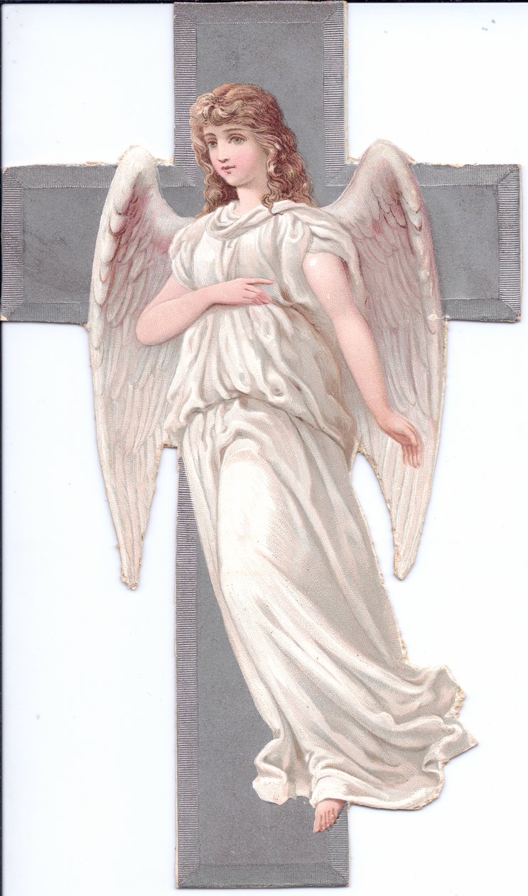 Egy viktoriánus korabeli papírhulladék relief egy angyalról egy kereszt előtt, 1880 körül (színes litográfia) alkotó: English School