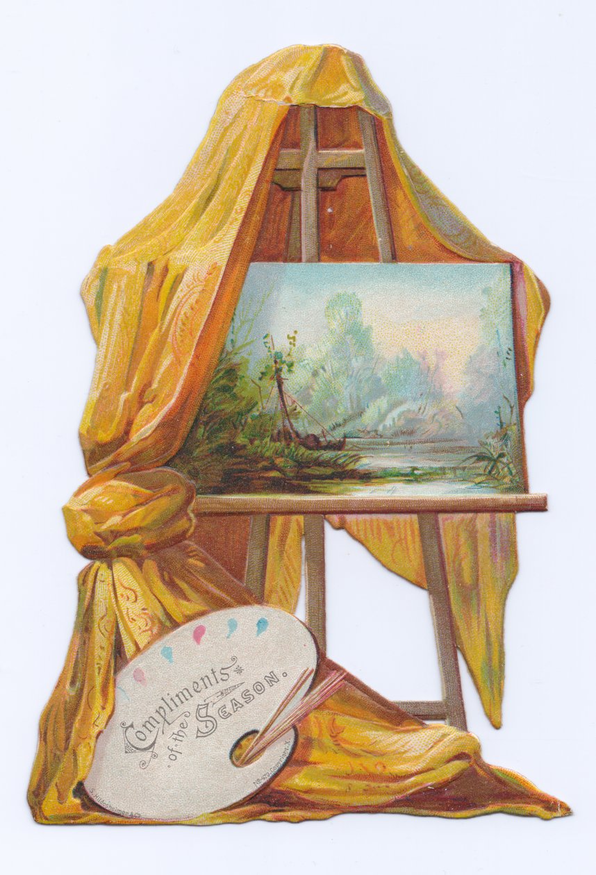 Viktoriánus korabeli formavágott kártya egy festményről egy festőállványon, rajta egy drapériával, 1880 körül (színes litográfia). alkotó: English School