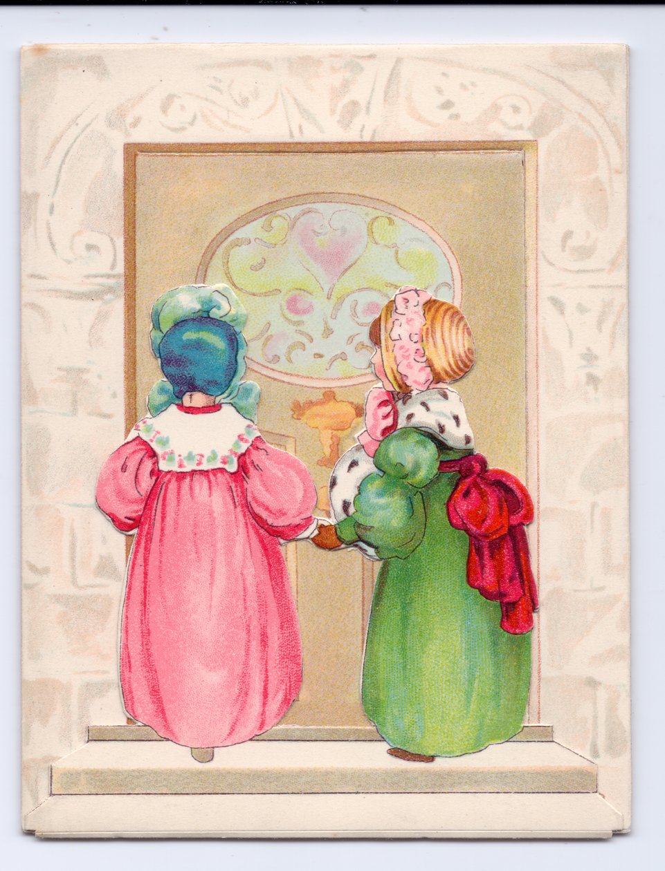 Egy viktoriánus üdvözlőlap két motorháztetős gyerekről, akik éppen belépnek a bejárati ajtón, 1880 körül (színes litó) alkotó: English School